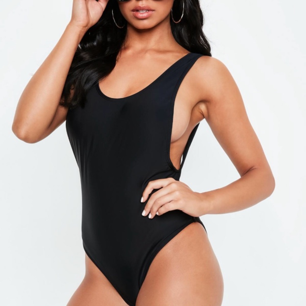 High leg, low back black one piece